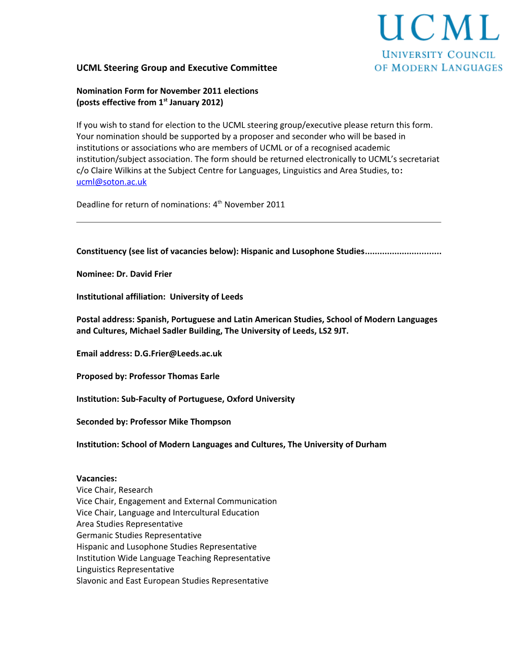 Nomination Form for November 2011 Elections
