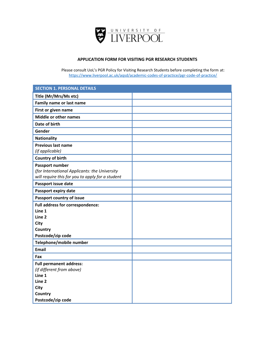 Application Form for Visiting Pgrresearchstudents