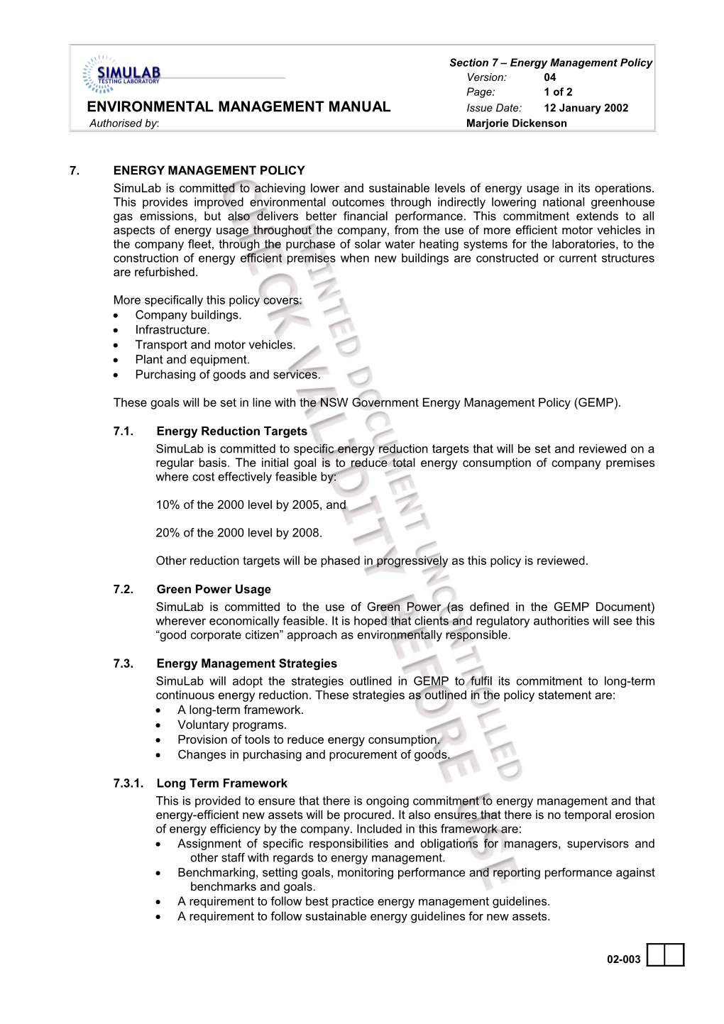 ENVIRONMENTAL MANAGEMENT MANUAL Issue Date:12 January 2002