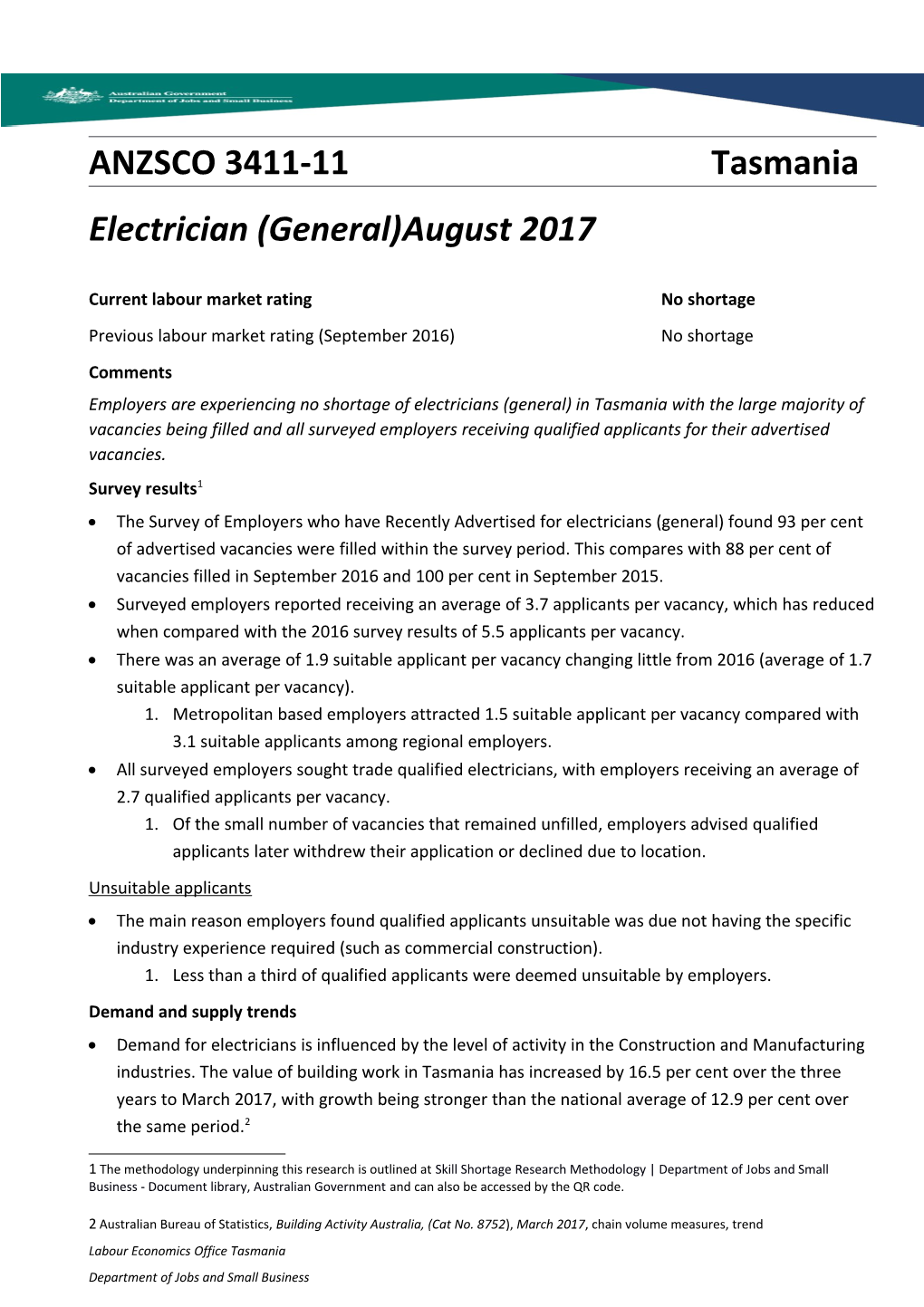 Electrician (General) Tasmania August 2017