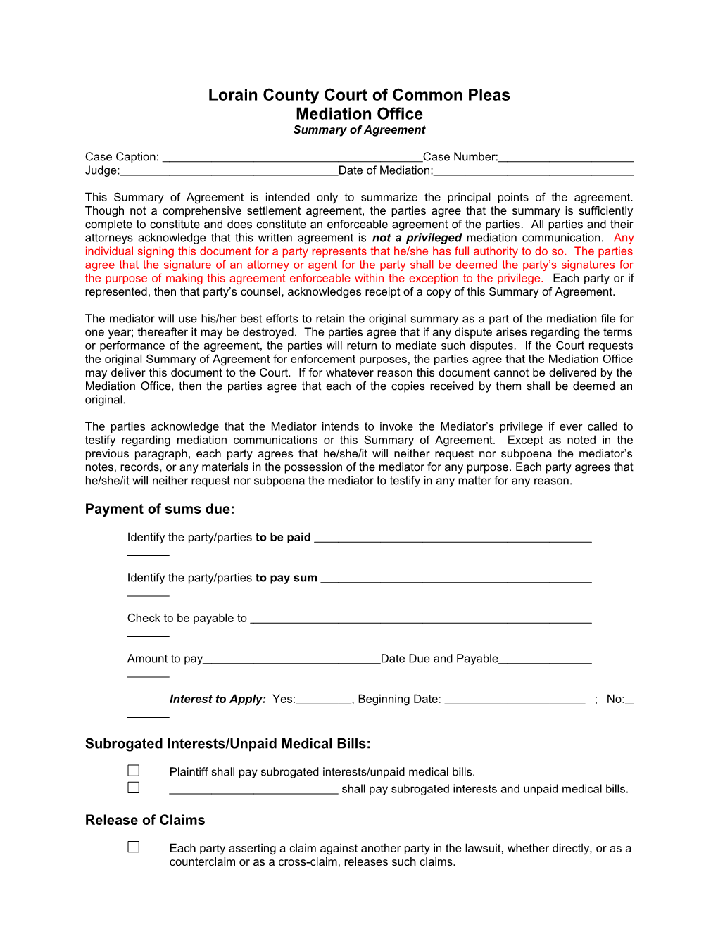 Mediation Notice Form for Date