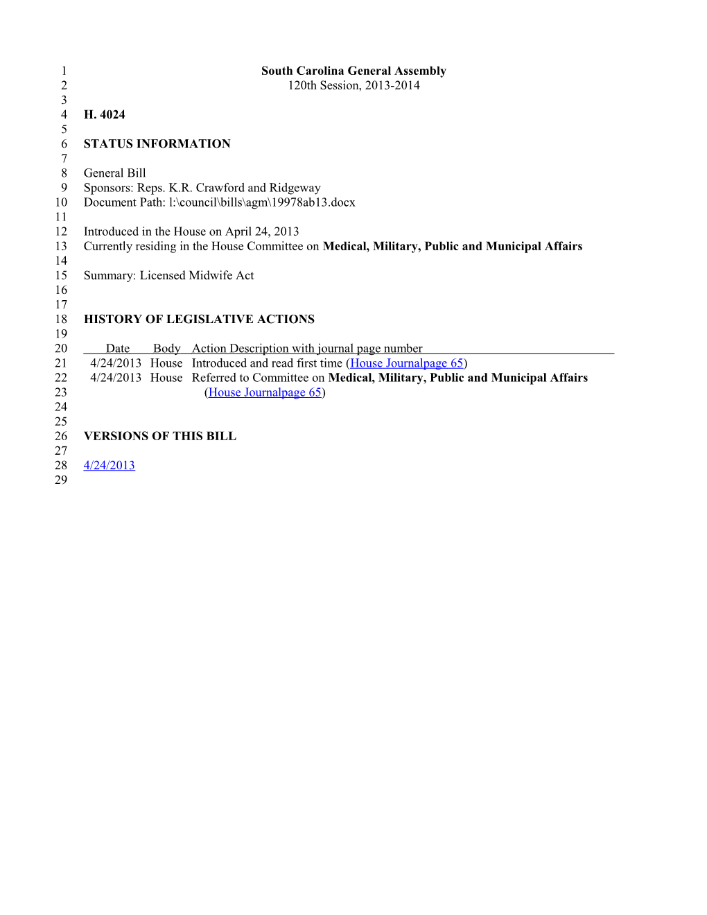 2013-2014 Bill 4024: Licensed Midwife Act - South Carolina Legislature Online