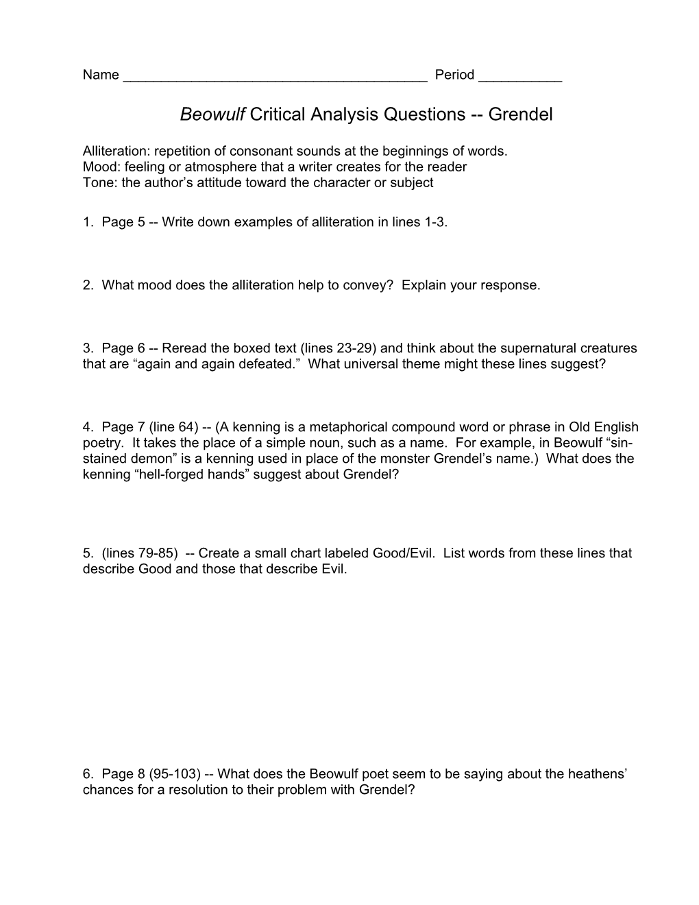 Beowulf Critical Analysis Questions