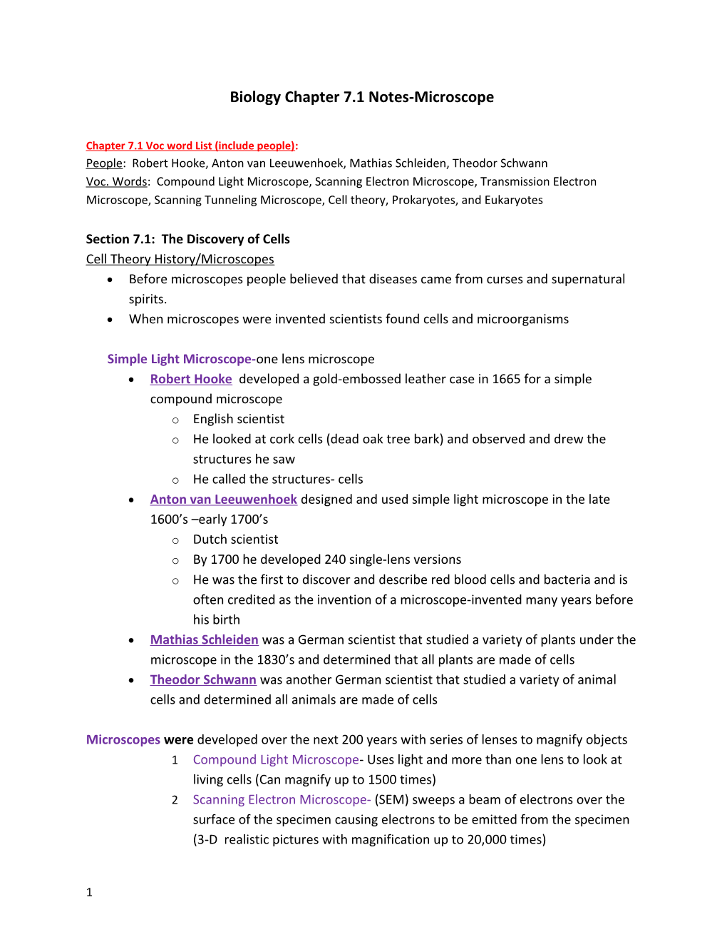 Biology Chapter 7.1 Notes-Microscope