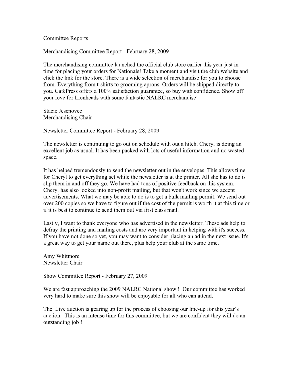 Merchandising Committee Report - February 28, 2009