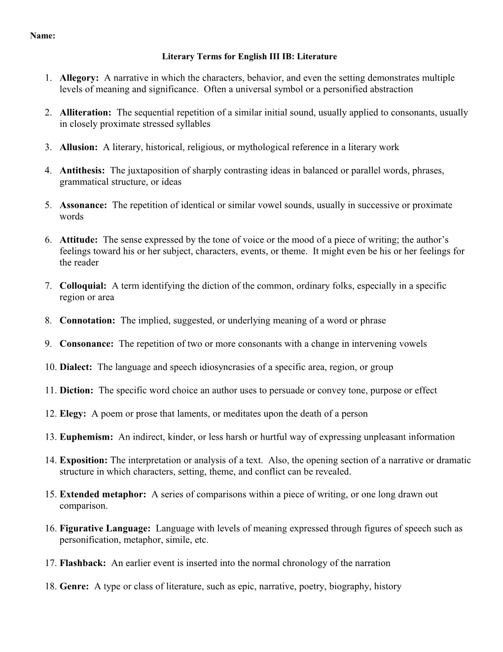 Literary Terms for English III IB: Literature