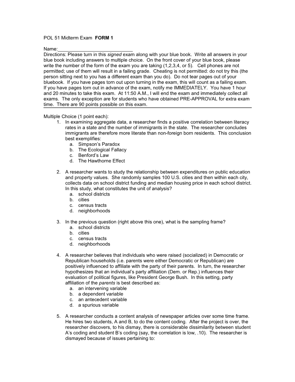 POL 51 Midterm Exam FORM 1