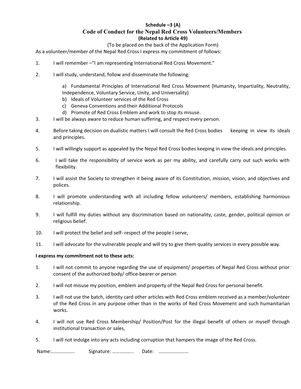 Code of Conduct for the Nepal Red Cross Volunteers/Members