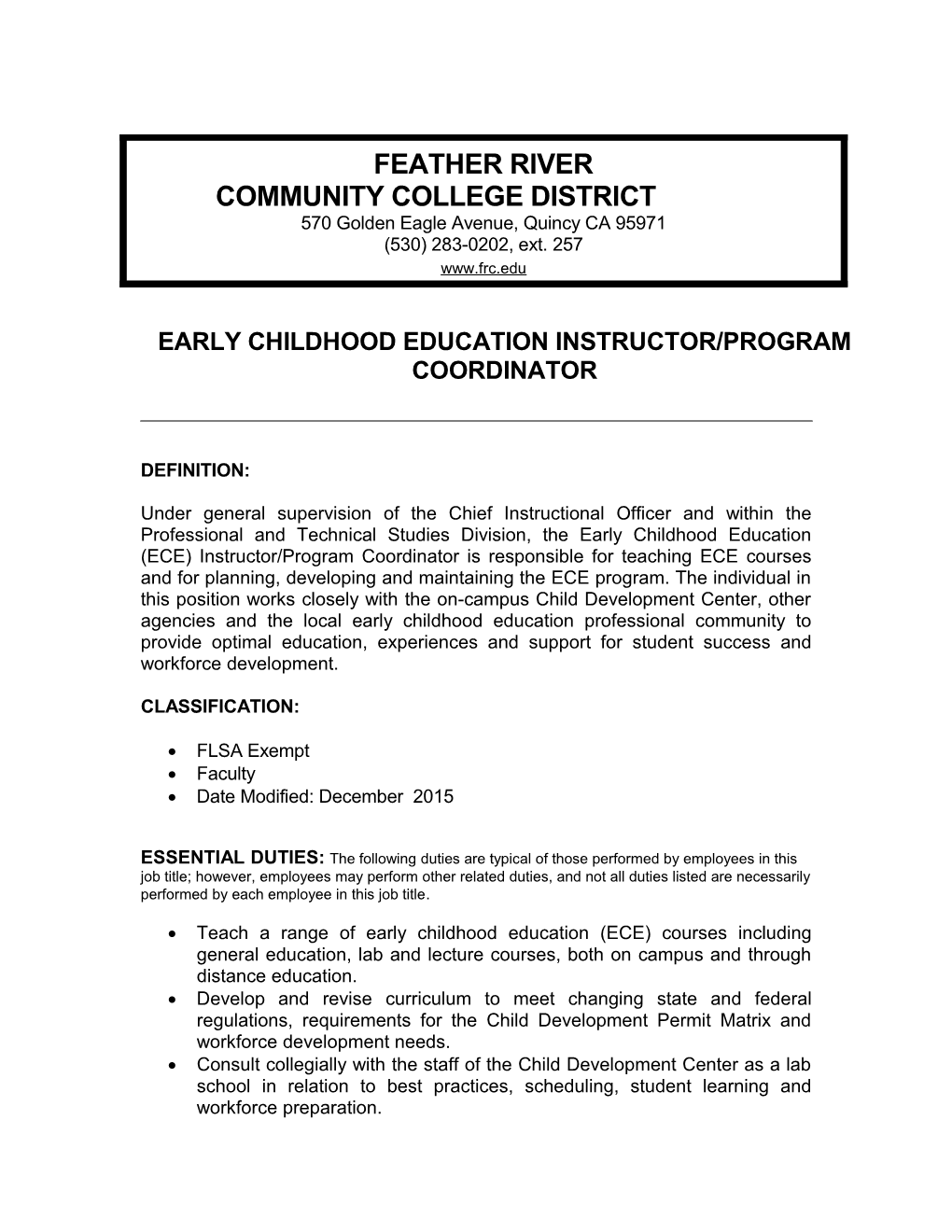 Early Childhood Education Instructor/Program Coordinator