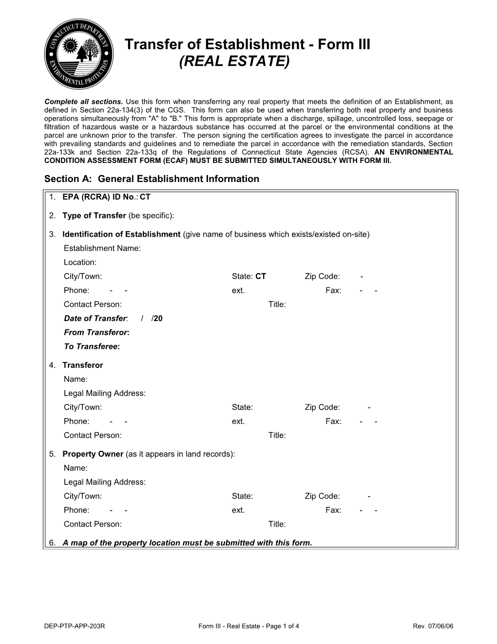 Transfer of Establishment - Form III (Real Estate)