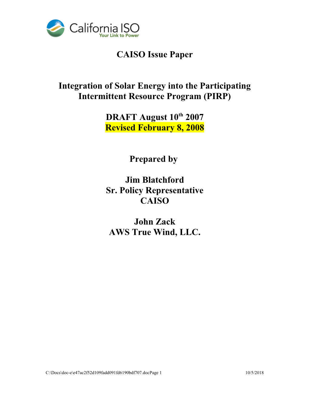 Revised Issue Paper - Integration of Solar Into PIRP