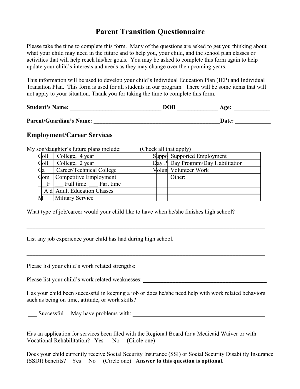 Parent Transition Questionnaire