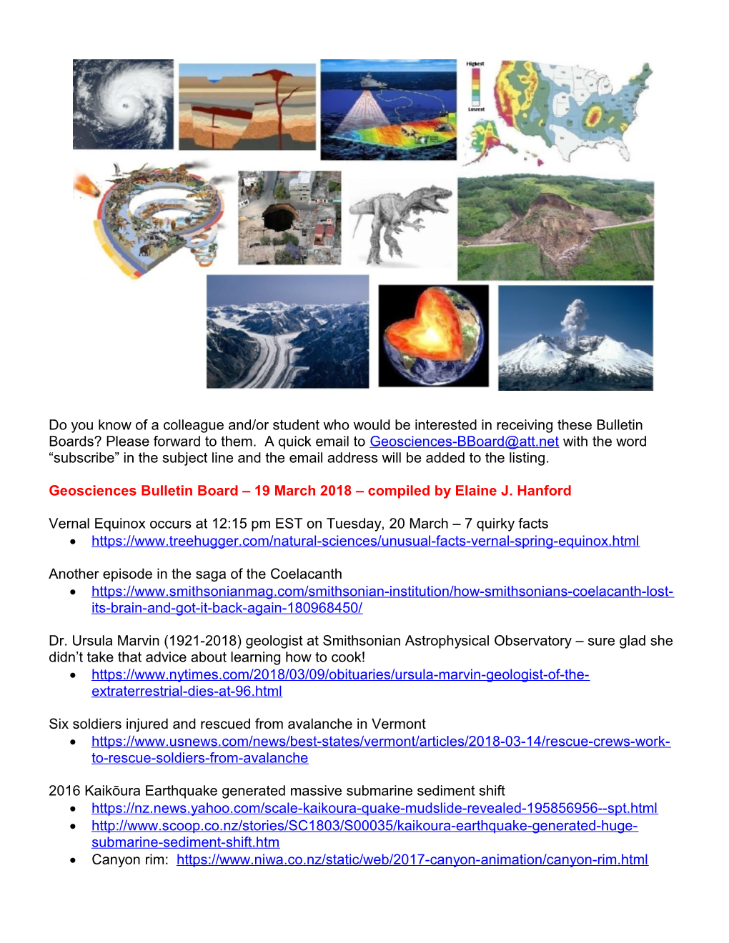 Geosciences Bulletin Board 19 March 2018 Compiled by Elaine J. Hanford