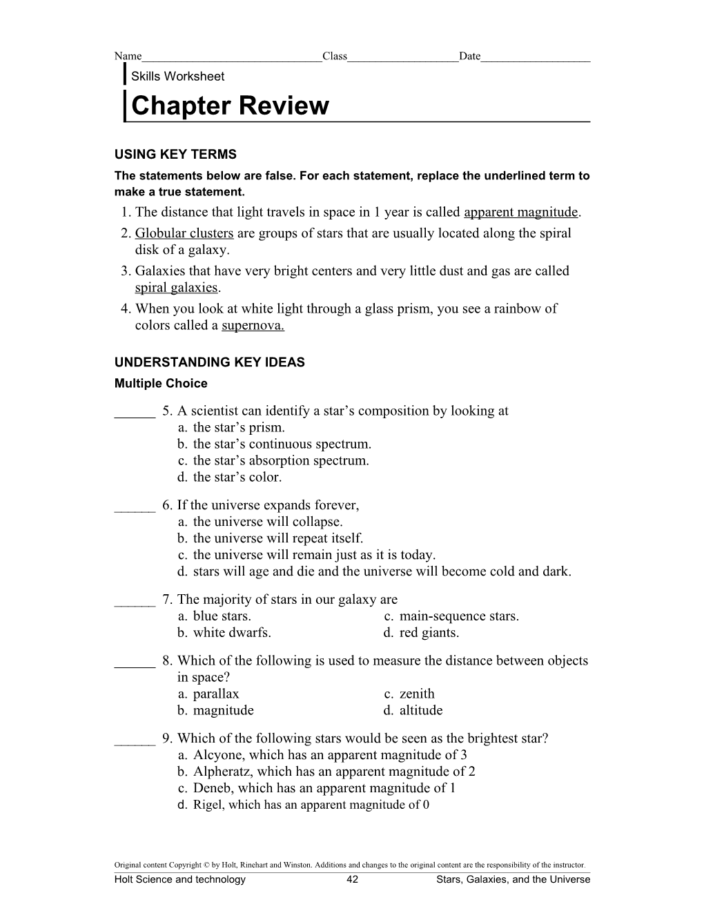 Skills Worksheet