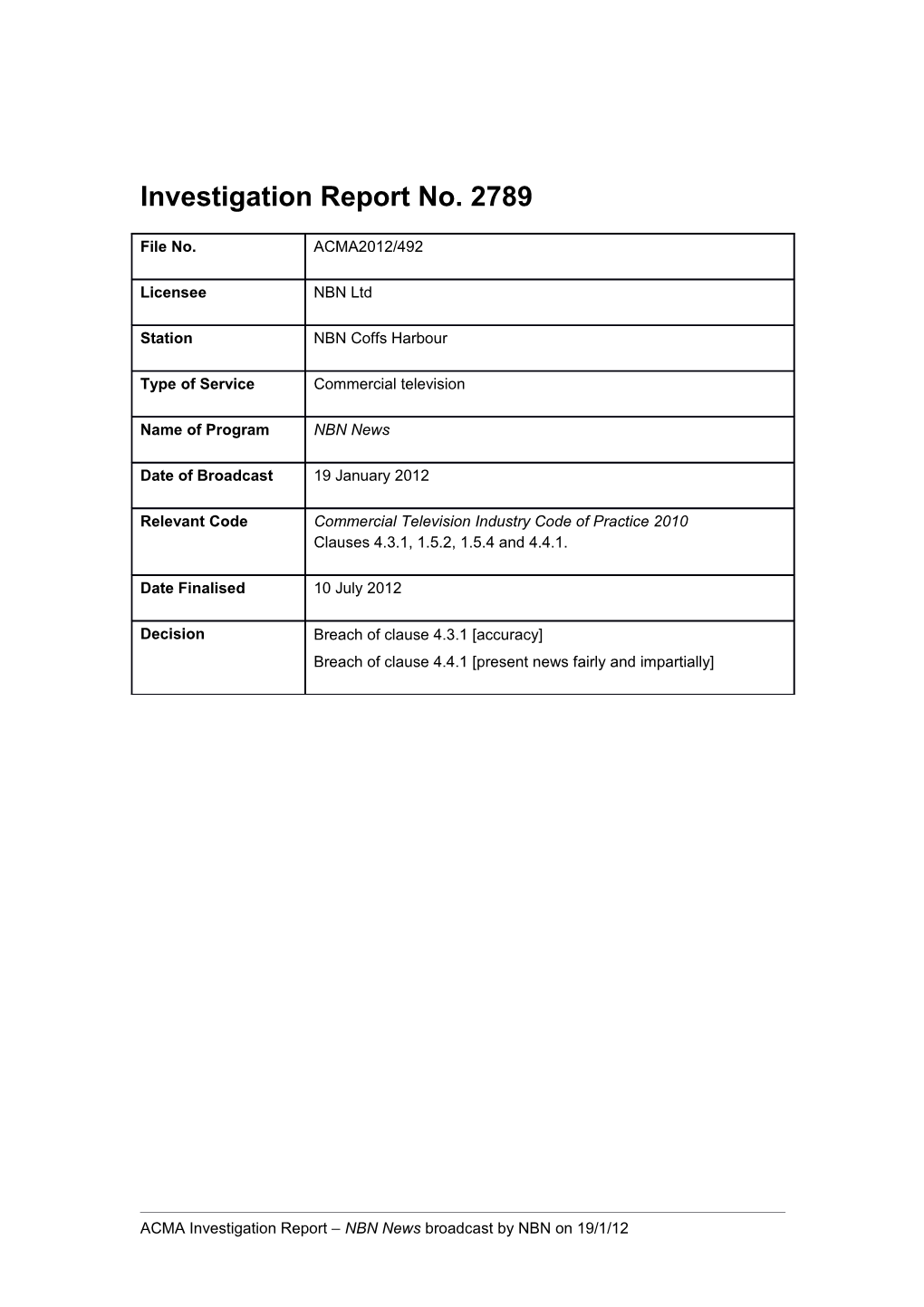 NBN - ACMA Investigation Report 2789