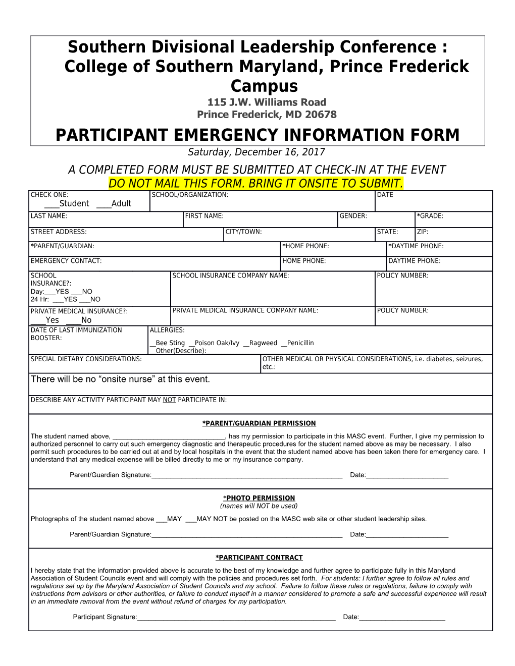 Participant Emergency Information Form