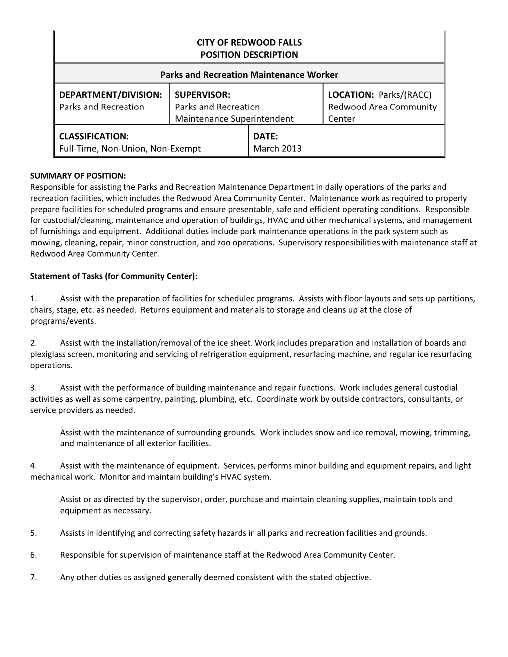 Parks and Recreation Maintenance Worker