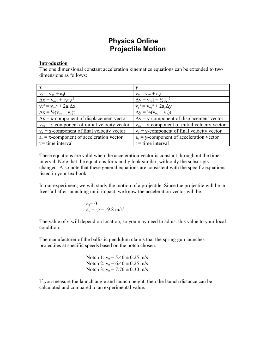 Physics Onlineprojectile Motion