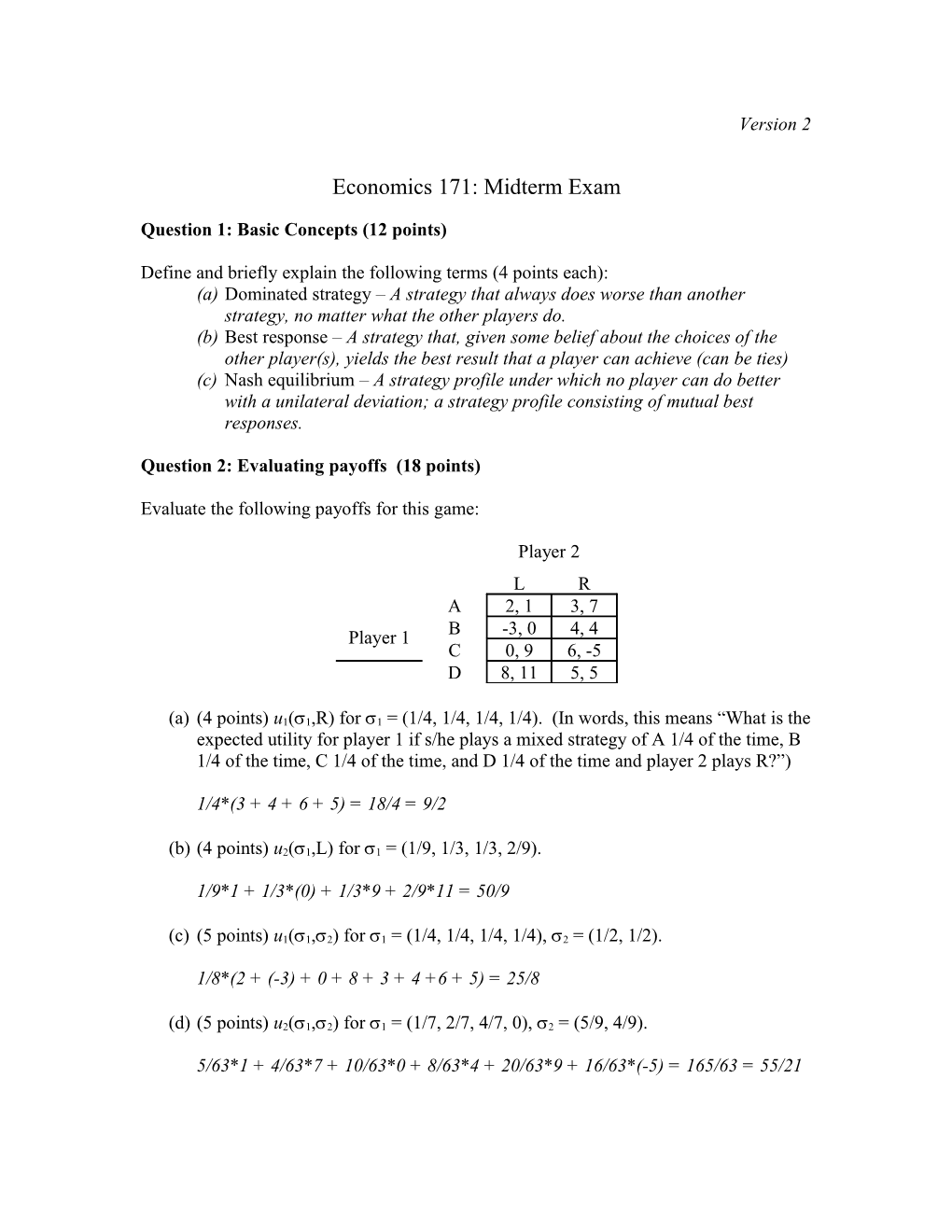 Economics 171: Midterm Exam