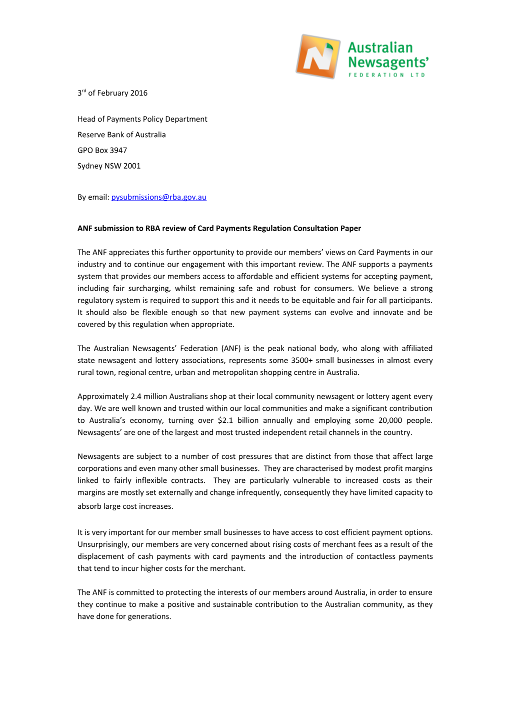 ANF Submission to RBA Review of Card Payments Regulation Consultation Paper