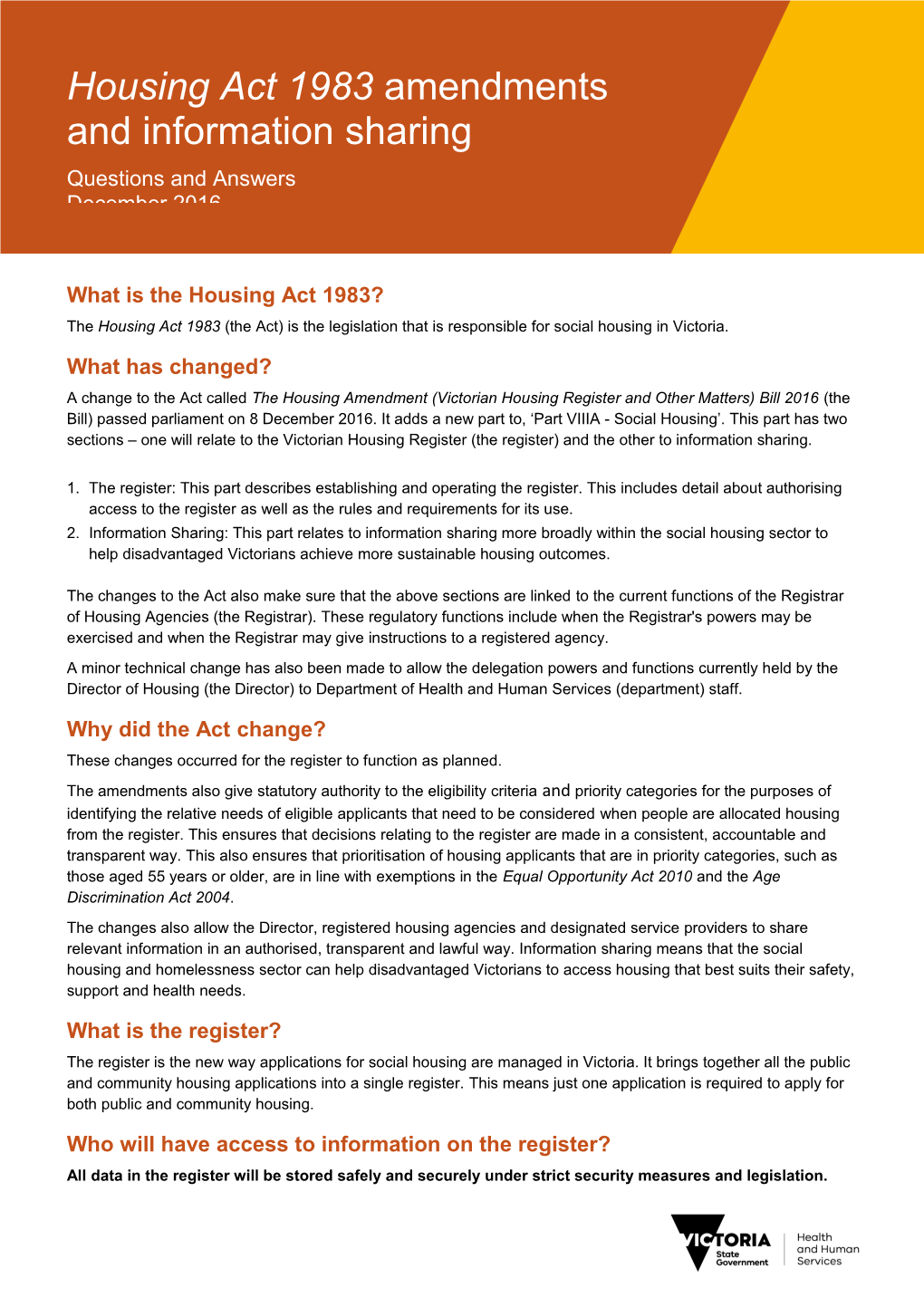 Housing Act 1983 Amendments and Information Sharing - Questions and Answers