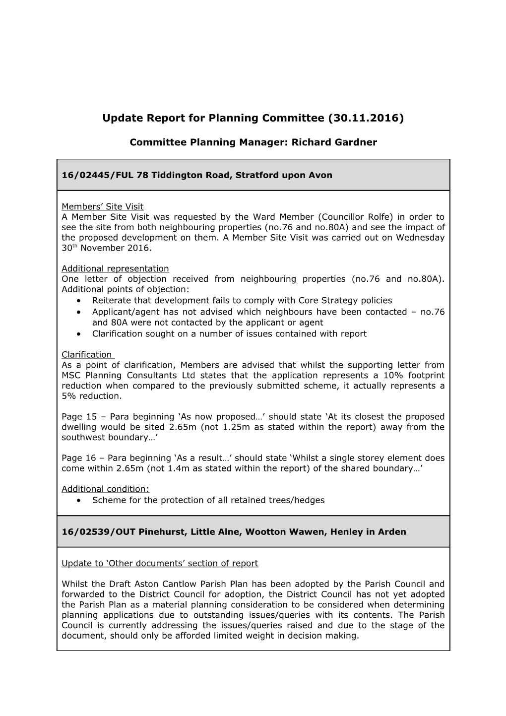 Update Report for Planning Committee (30.11.2016)