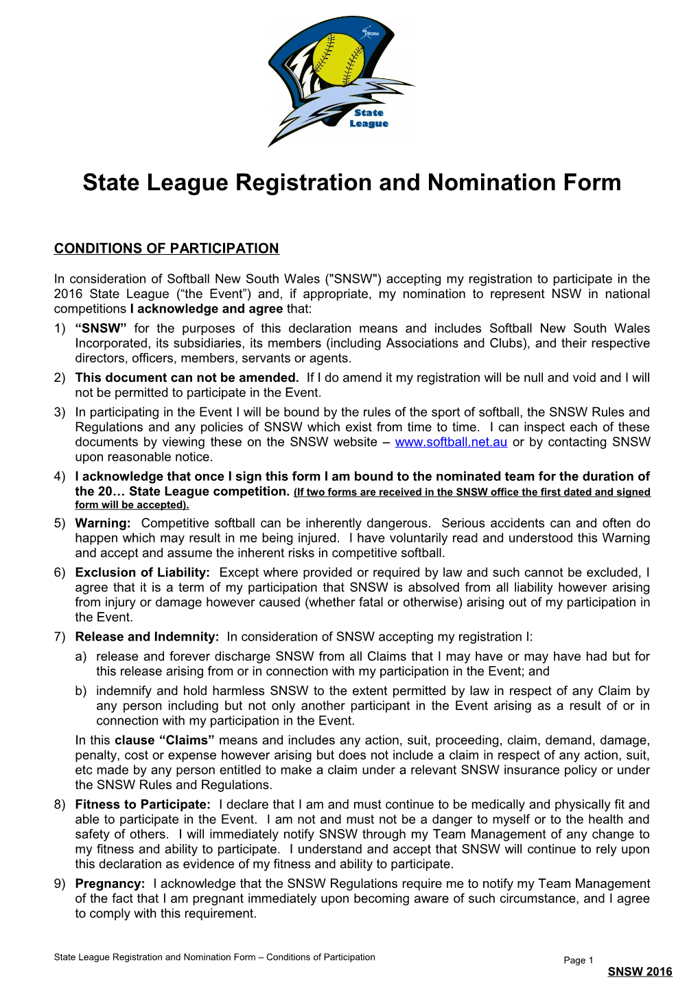 State League Registration and Nomination Form