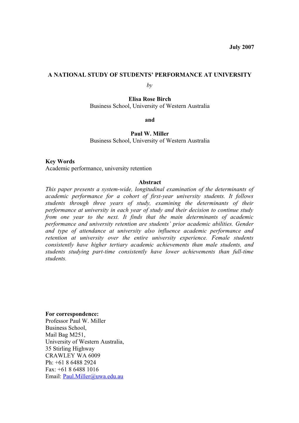 A National Study of Students Performance at University