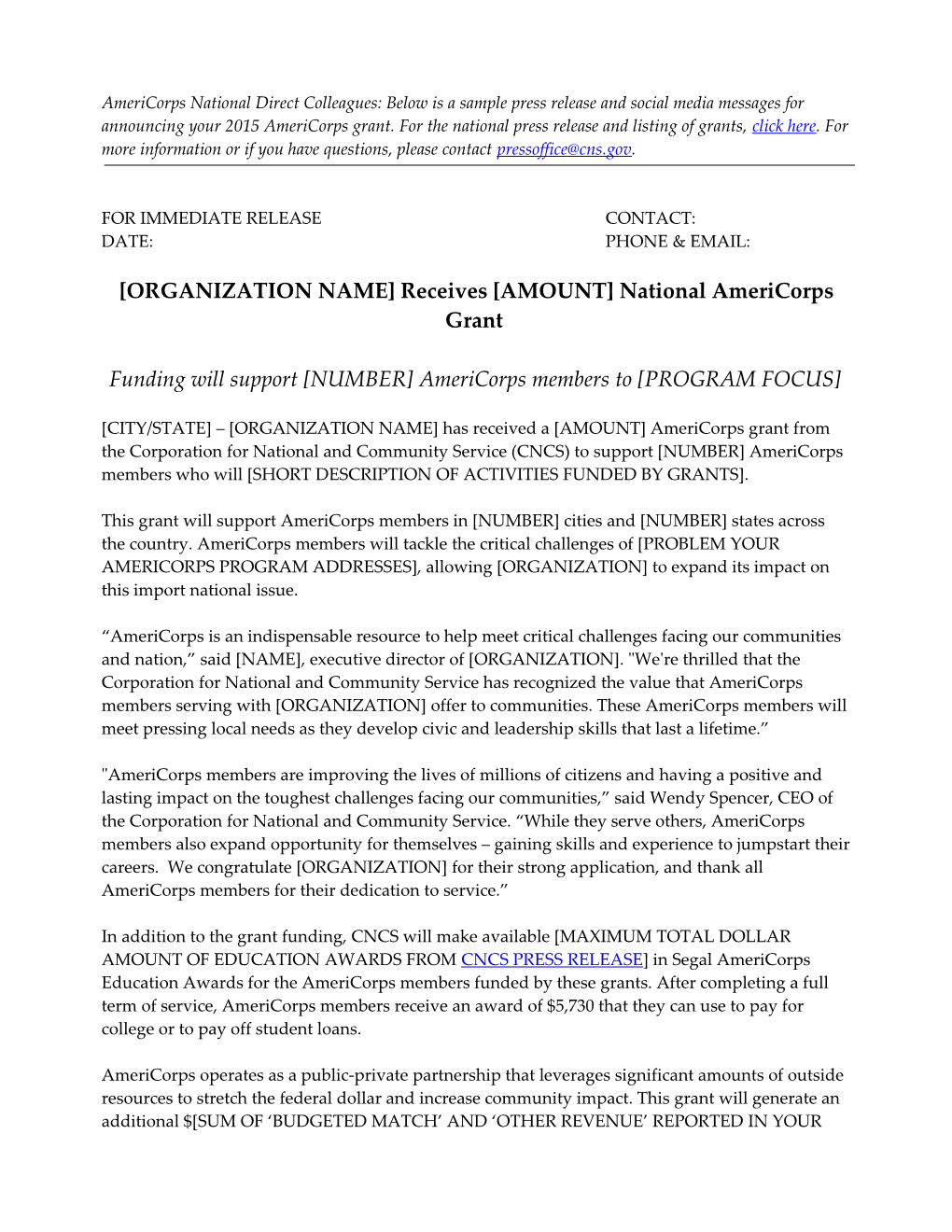 NOTE to PRESS SECRETARY: Below Is a Sample Press Release Announcing a Fiscal 2009 Americorps