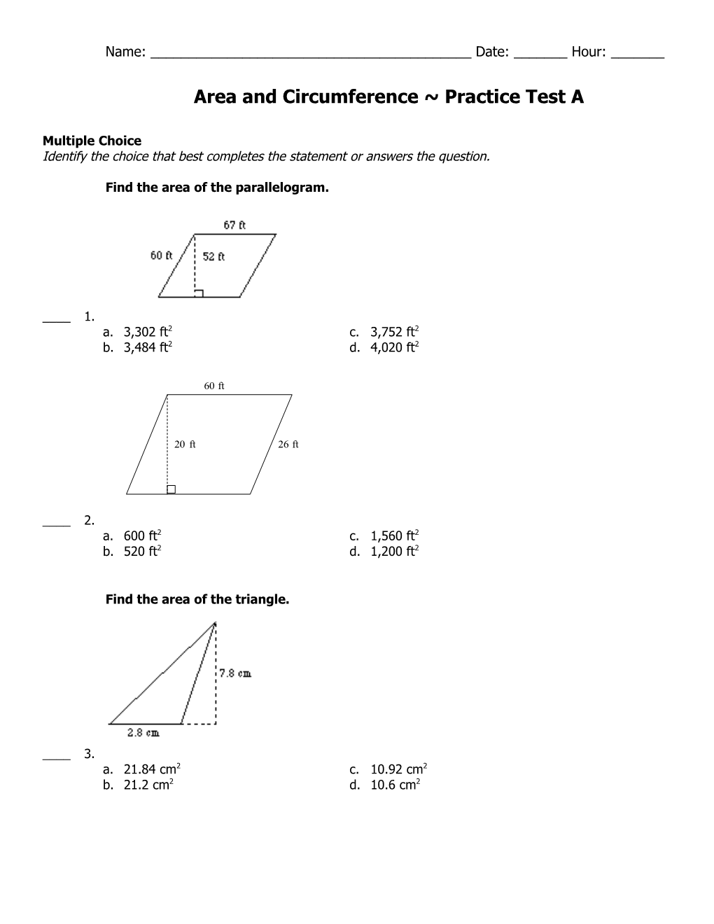 Area and Circumference Practice Test A