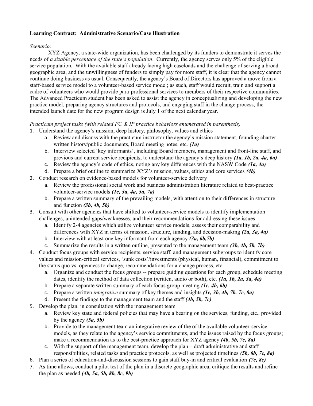 Learning Contract: Administrative Scenario/Case Illustration