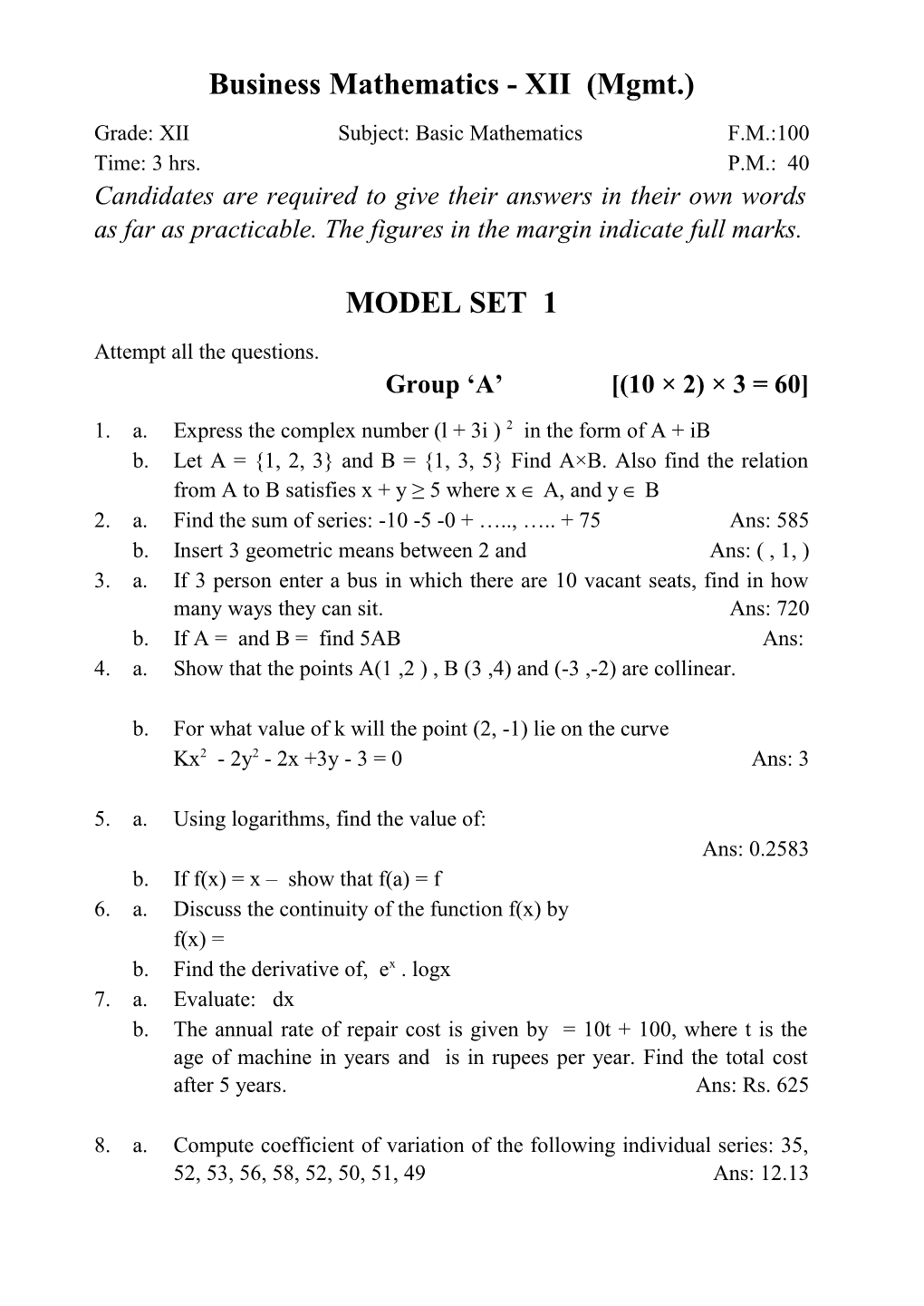 Business Mathematics - XII (Mgmt.)