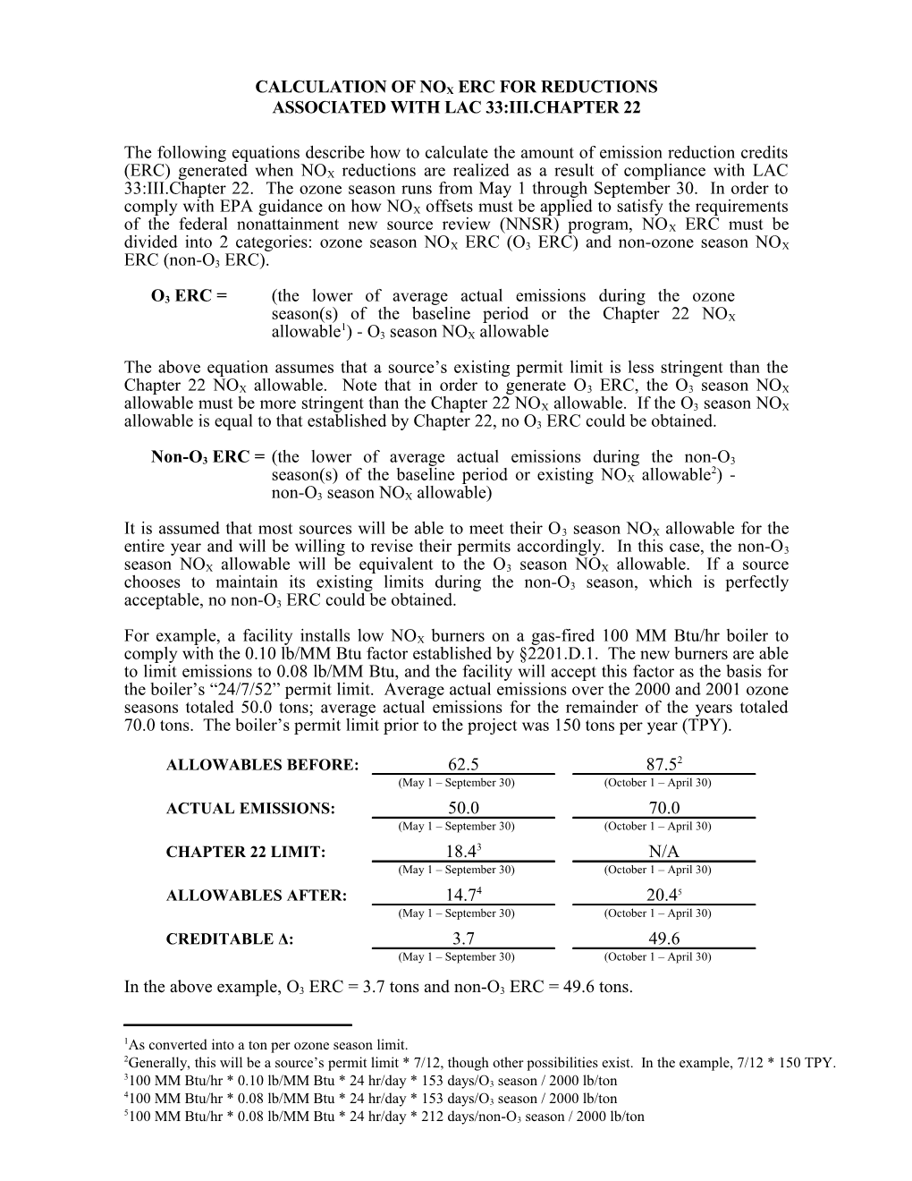 Calculation of Nox Erc for Reductions