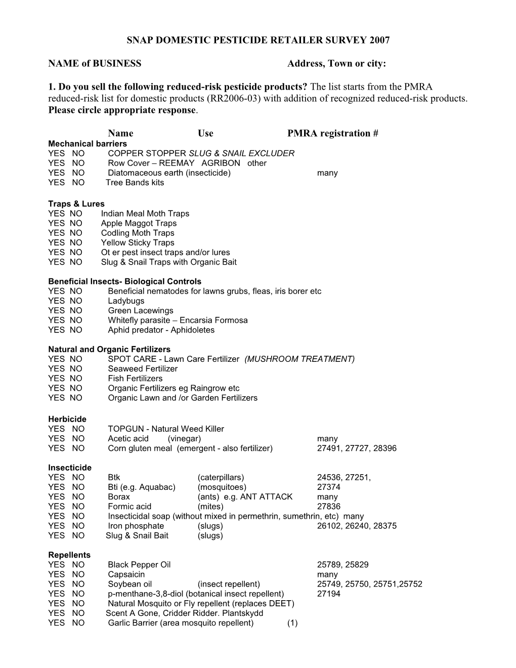 Snap Domestic Pesticide Retailer Survey 2007
