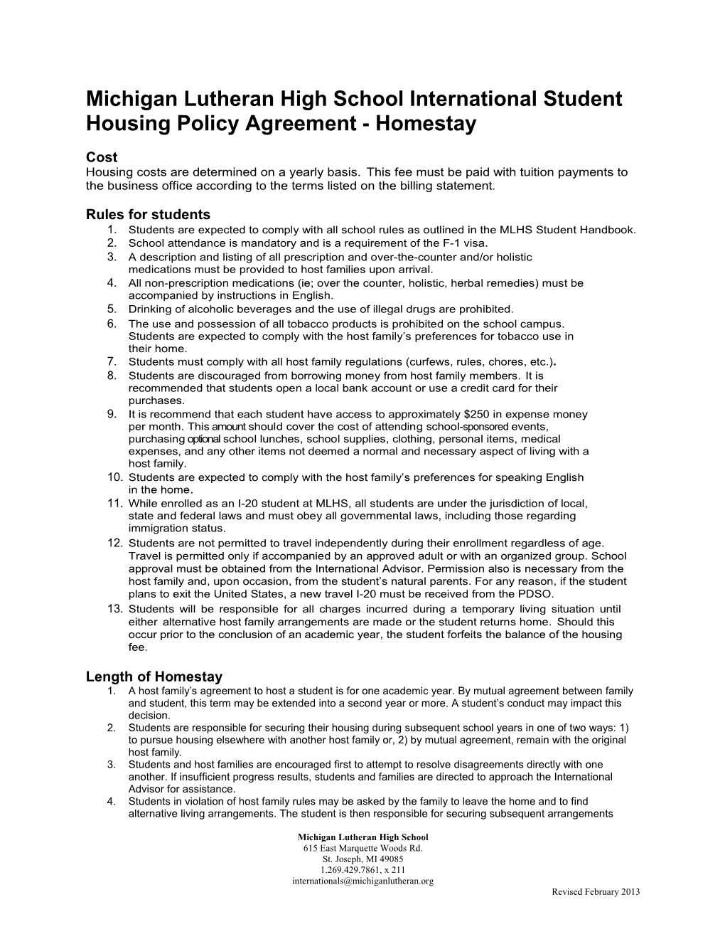Michigan Lutheran High School International Student Housing Policy Agreement - Homestay