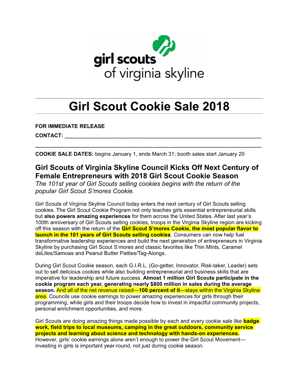 Girl Scout Cookie Sale 2018