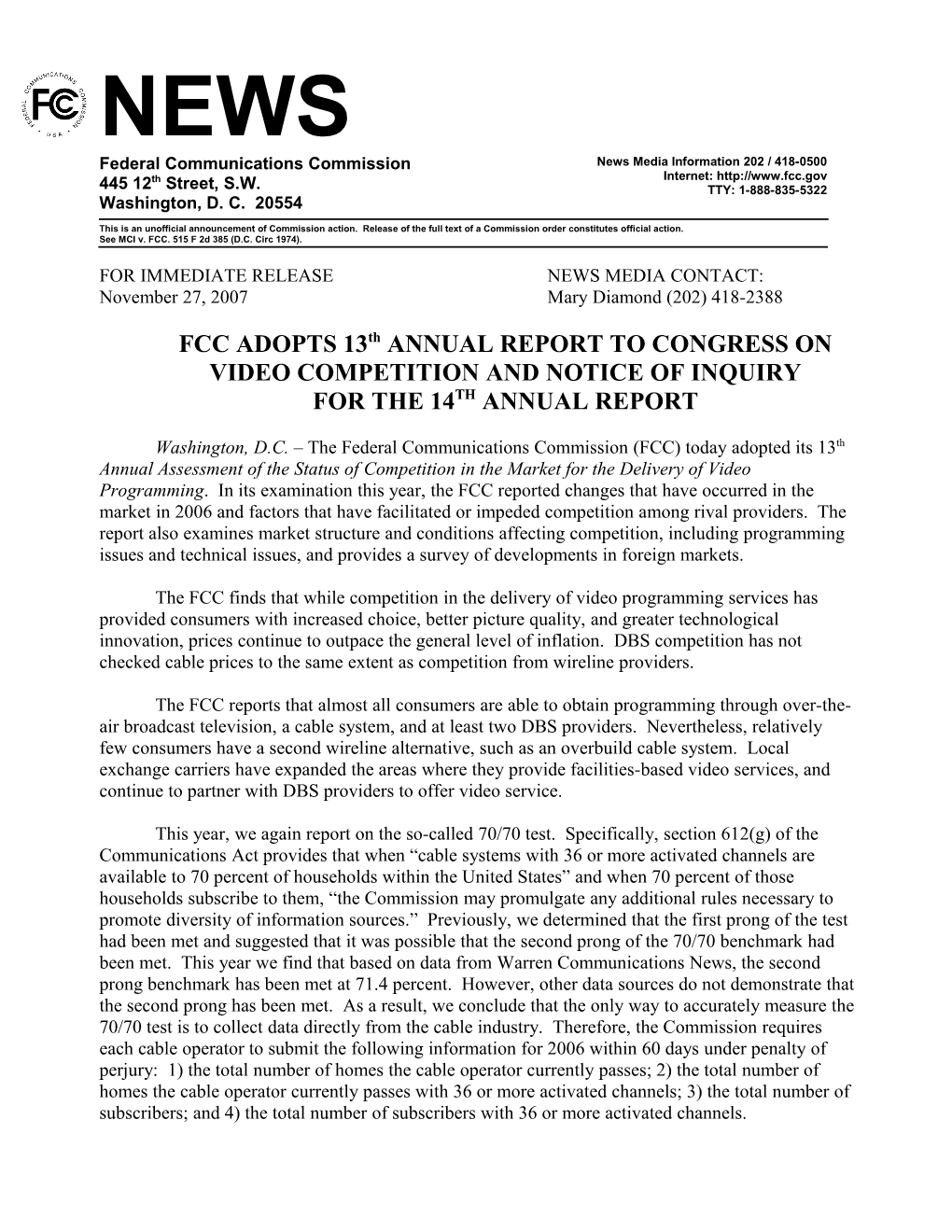 FCC ADOPTS 13Thannual REPORT to CONGRESS ON