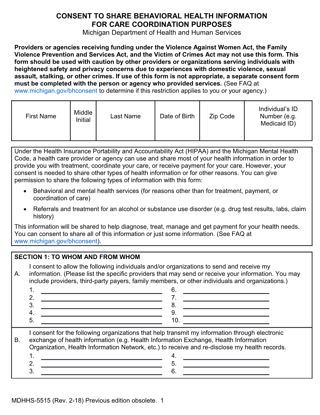 Consent to Share Behavioral Health Information for Care Coordination Purposes Form, MDHHS-5515