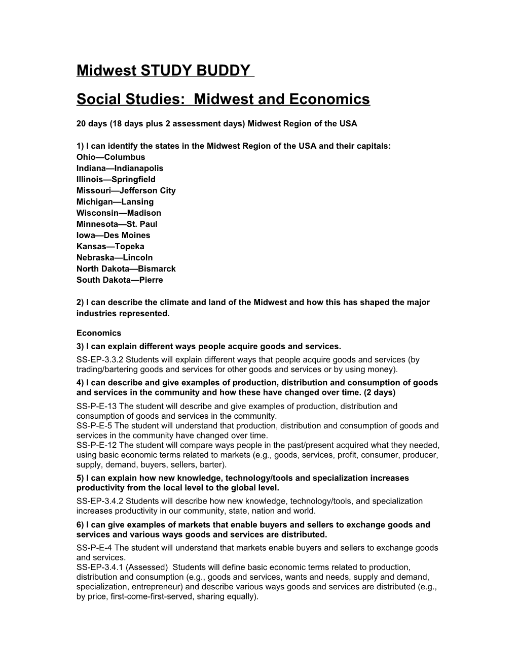 Social Studies: Midwest and Economics