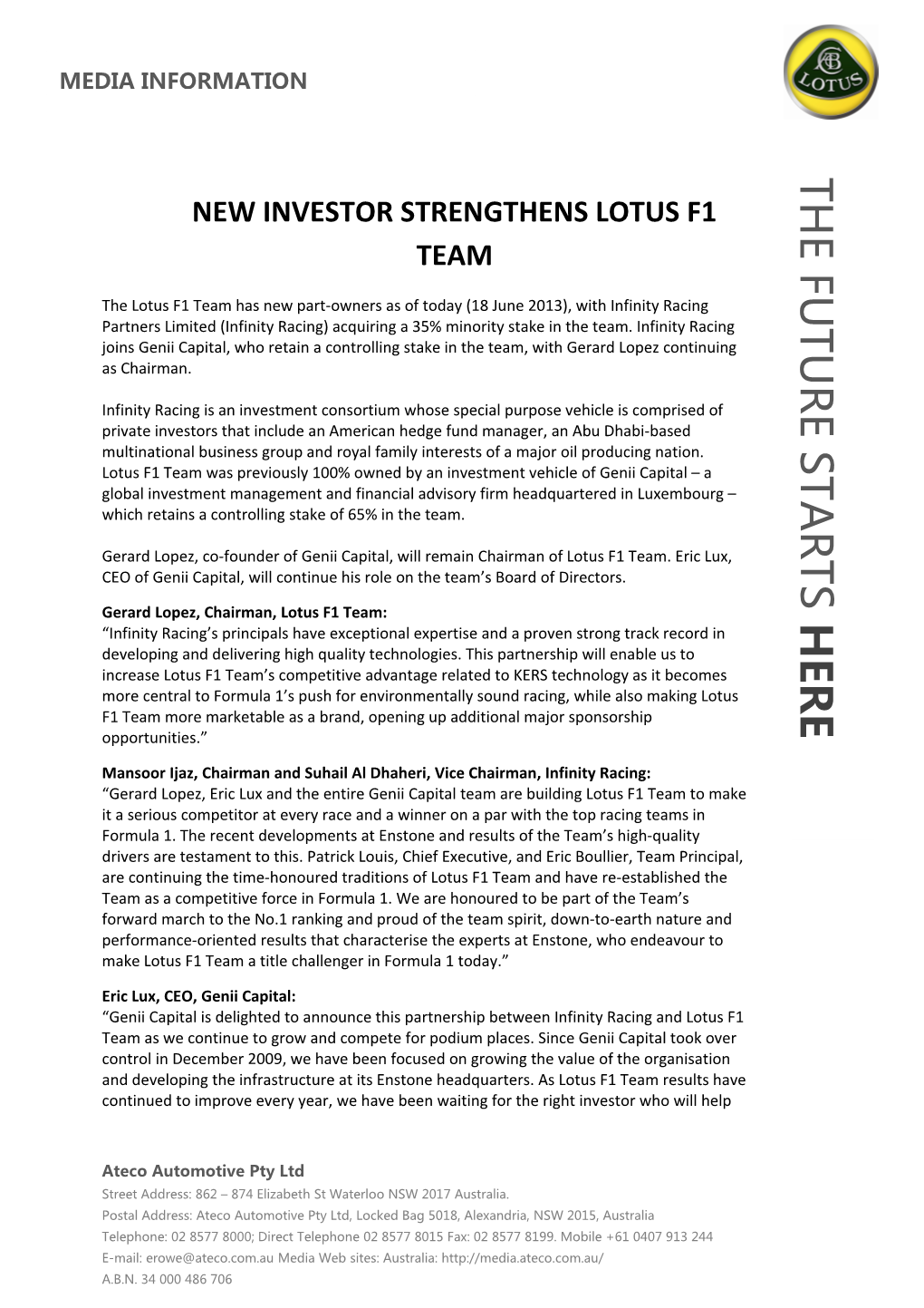 New Investor Strengthens Lotus F1 Team