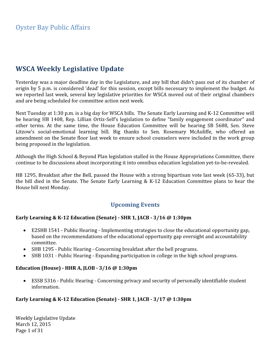 Wscaweekly Legislative Update
