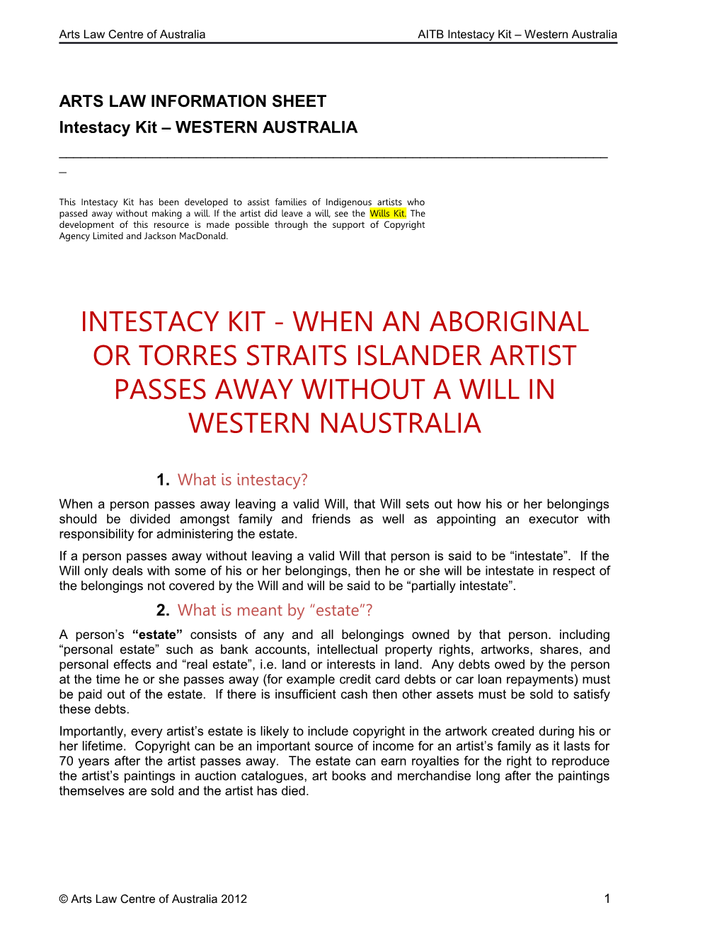 Arts Law Centre of Australiaaitb Intestacy Kit Western Australia