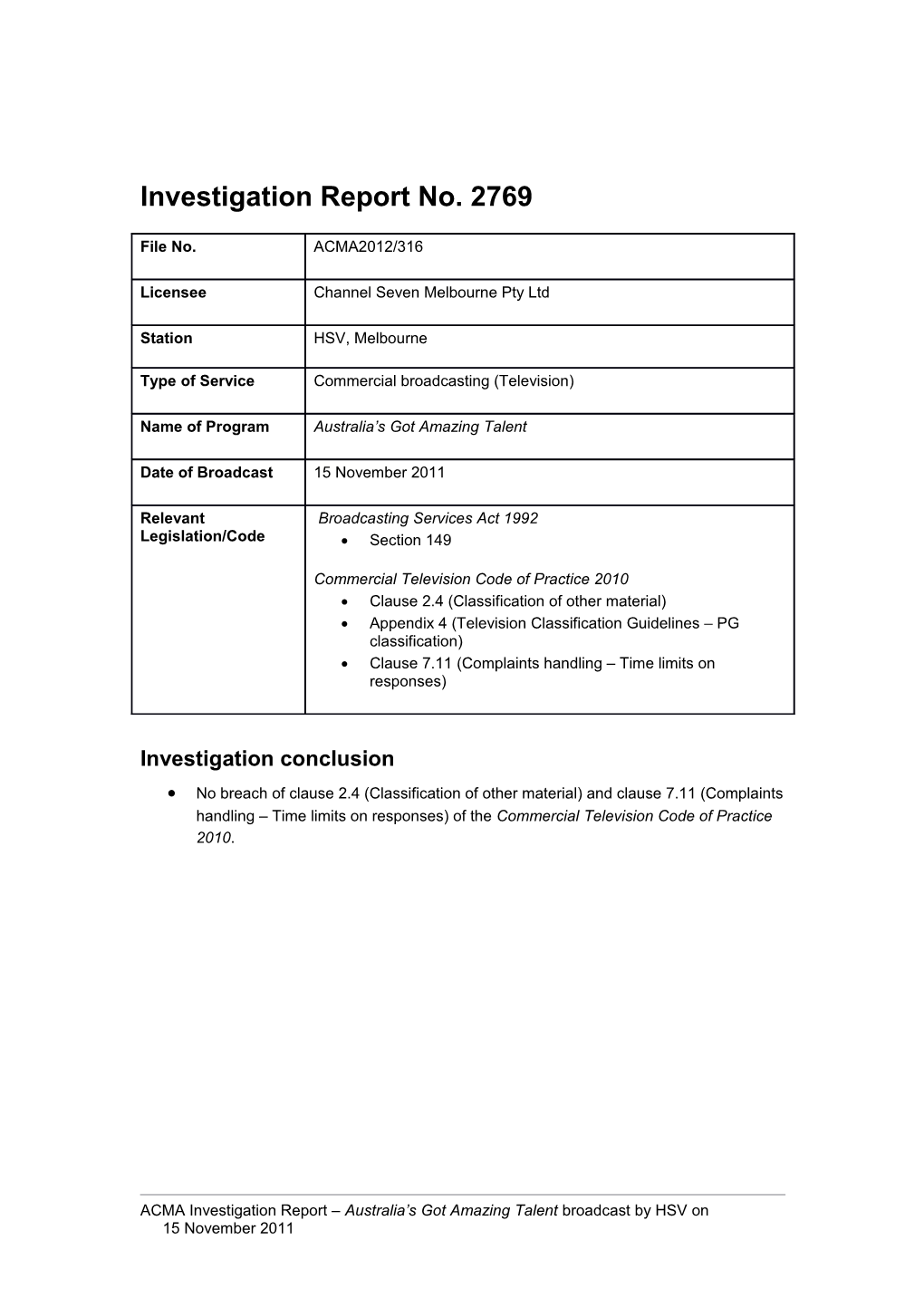 HSV7 - ACMA Investigation Report 2769