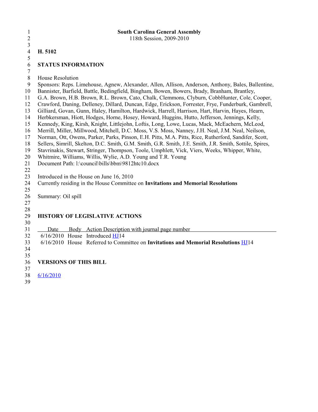 2009-2010 Bill 5102: Oil Spill - South Carolina Legislature Online