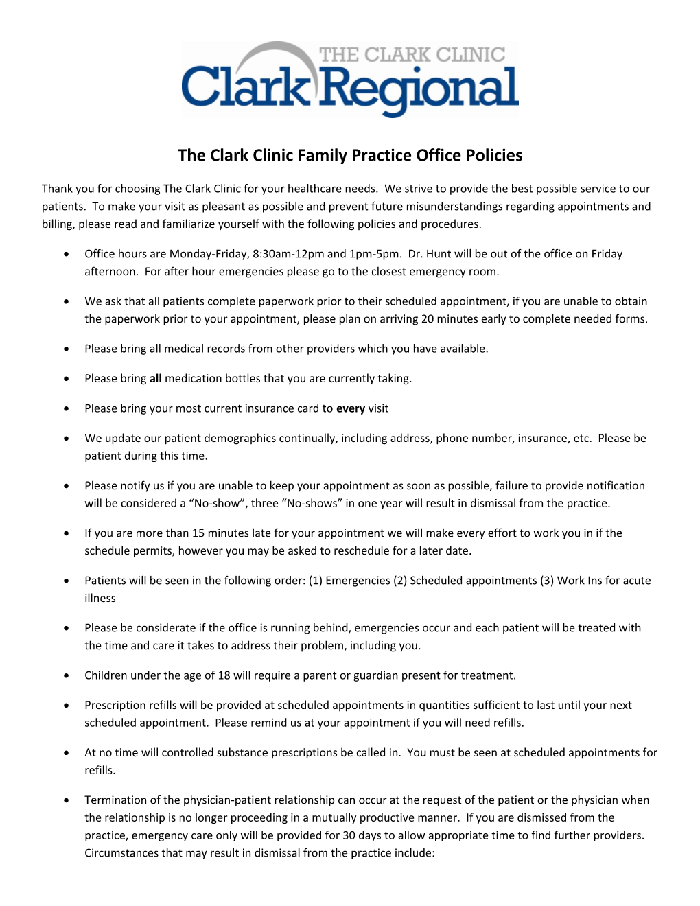 The Clark Clinic Family Practice Office Policies