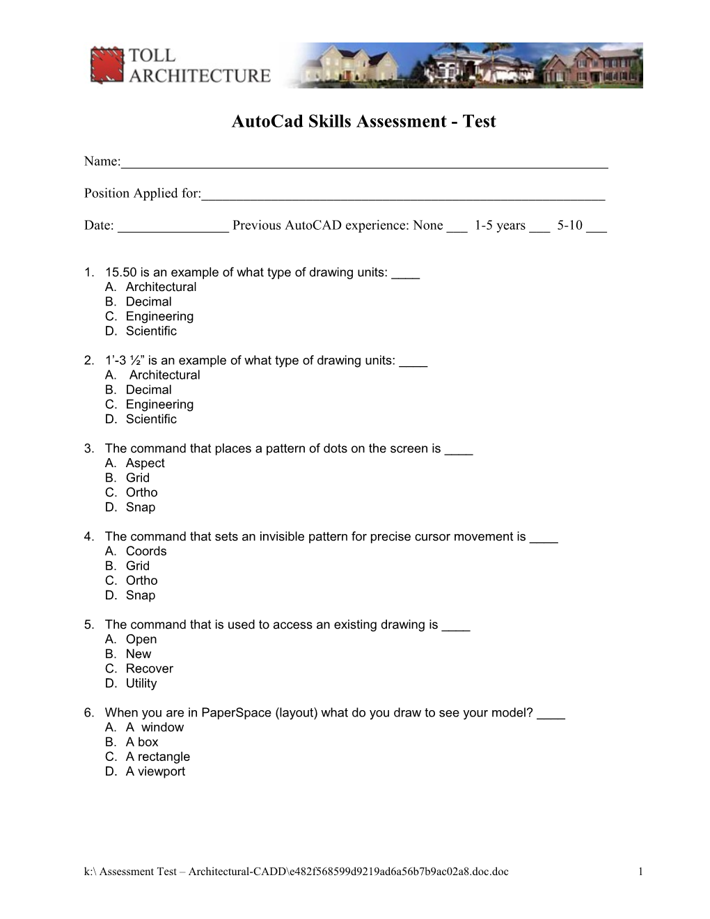 Toll Architecture Autocad Skills Assessment