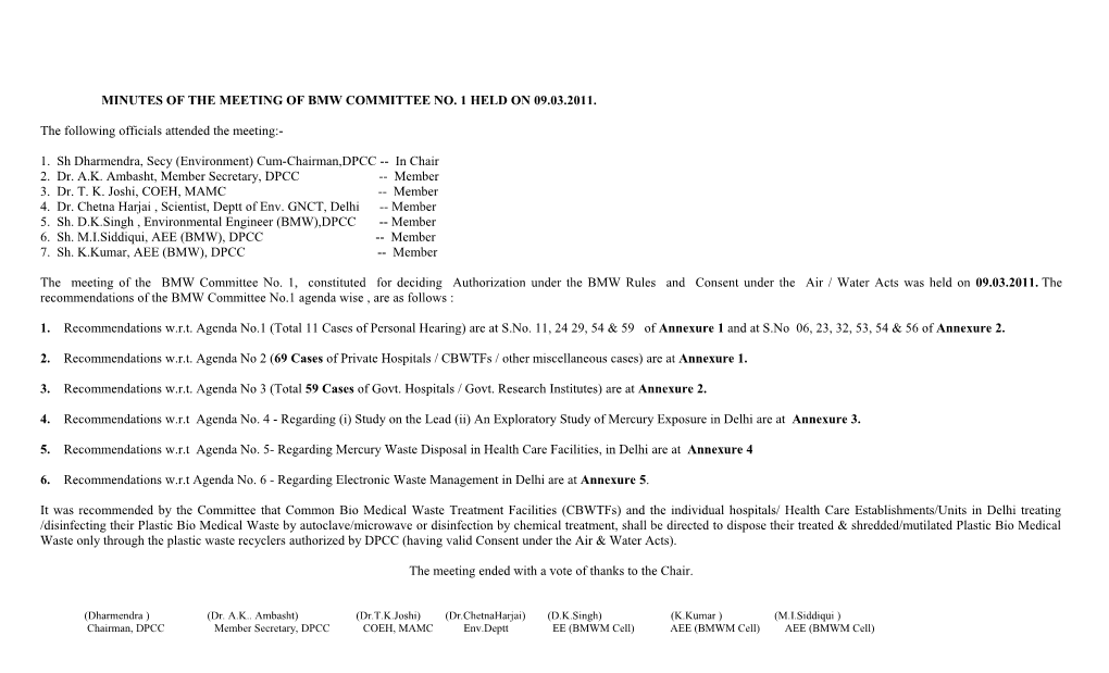 Minutes of the Meeting of Bmw Committee No. 1 Held on 09.03.2011