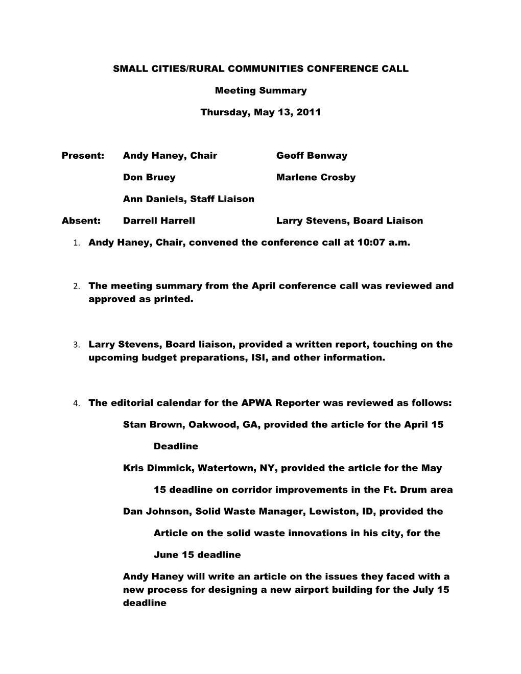 Small Cities/Rural Communities Conference Call