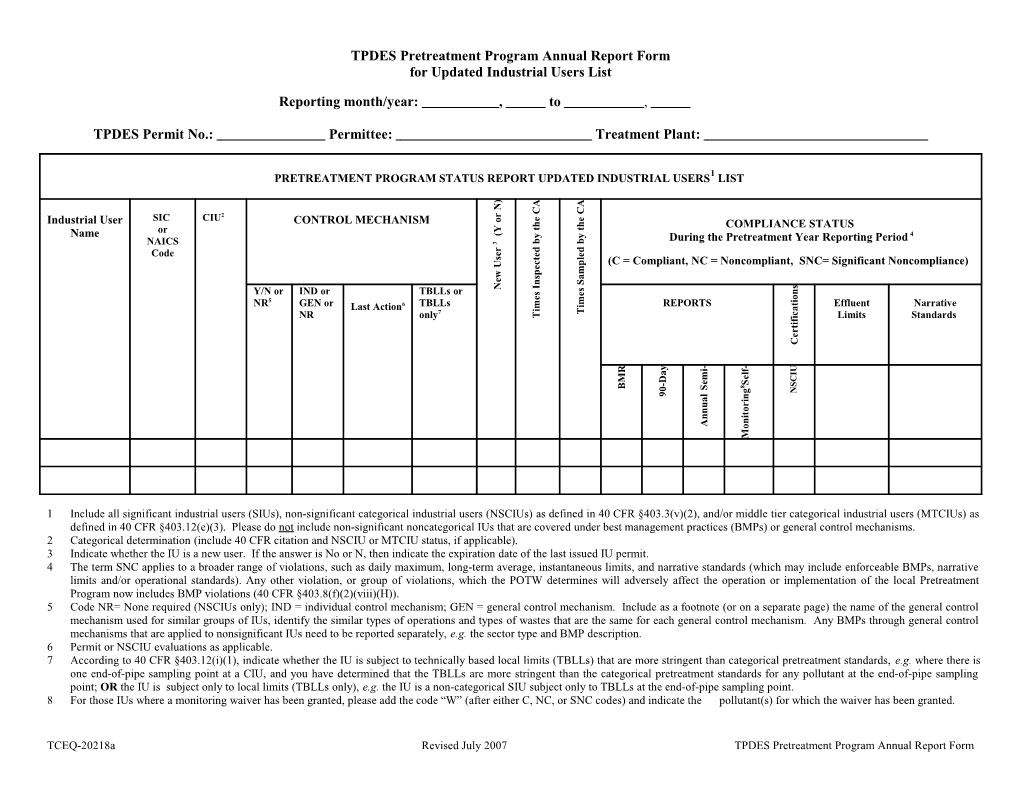 TPDES Pretreatment Program Annual Report Form