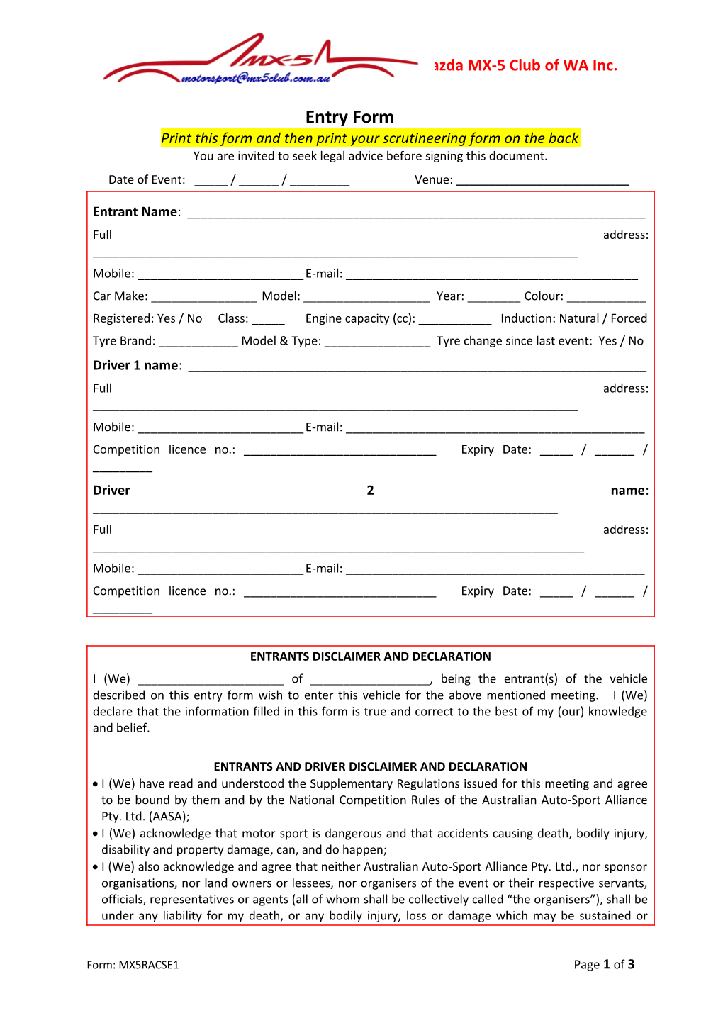 Print This Form and Then Print Your Scrutineering Form on the Back